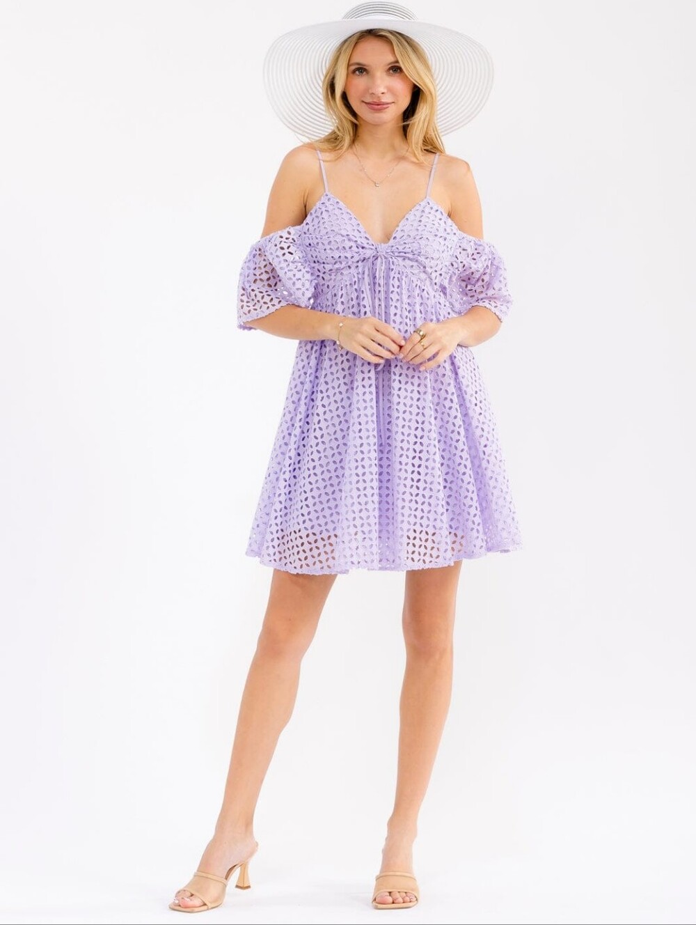 Lavender Eyelet Off-Shoulder Mini Dress